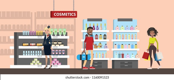 Duty free interior in the airport building. People buying cheap cosmetics and perfume. Tax free. Vector flat illustration