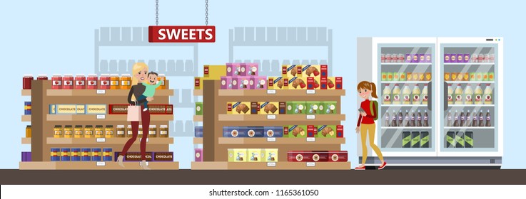 Duty free interior in the airport building. People buying cheap sweets, chocolate and drinks. Tax free. Vector flat illustration