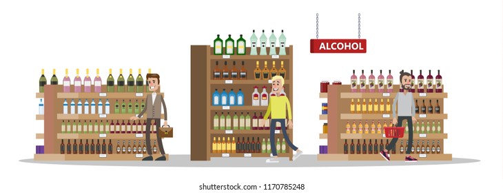 Duty free interior in the airport building. People buying cheap bottles of alcohol. Tax free. Vector flat illustration