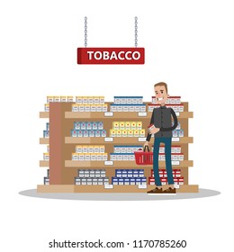 Duty free interior in the airport building. Man buying cheap tobacco or cigarette. Tax free. Vector flat illustration