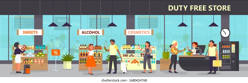 Duty free interior in the airport building. People buying cheap products: alcohol, cosmetics and sweets. Tax free. Vector flat illustration