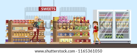 Duty free interior in the airport building. People buying cheap sweets, chocolate and drinks. Tax free. Vector flat illustration