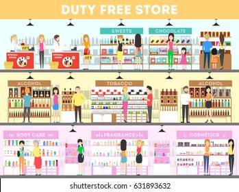 Duty free interior set. People in the airport buying food, drinks and more.