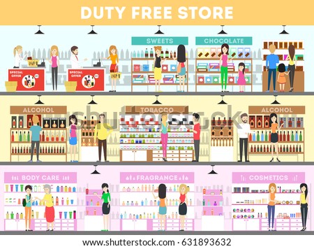 Duty free interior set. People in the airport buying food, drinks and more.