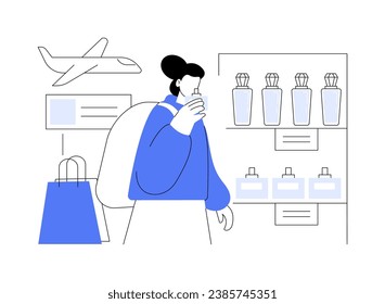 Duty free isolated cartoon vector illustrations. Tourist girl with backpack shopping in the airport, buying perfume in a duty free, retail outlets, travelers entertainment vector cartoon.