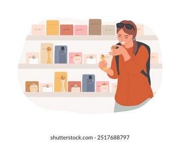 Ilustraciones vectoriales de dibujos animados aislados libres de impuestos. Muchacha turística con la compra de la mochila en el aeropuerto, comprando el perfume en un duty free, puntos de venta, historieta del Vector del entretenimiento de los viajeros.