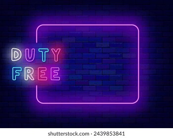 Duty free neon announcement. Airport shopping without tax. Colorful handwritten text. Empty purple frame and typography. Copy space. Editable stroke. Vector stock illustration