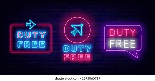 Duty free neon emblems set. Frames with plane. Advertisings on brick wall. Special offer airport concept. Marketing promotion. Speech bubble border. Glowing banners. Vector stock illustration