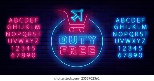 Duty free neon label. Circle with shopping cart and plane. Advertising on brick wall. Special offer airport concept. Marketing promotion. Bright blue and pink alphabet. Vector stock illustration