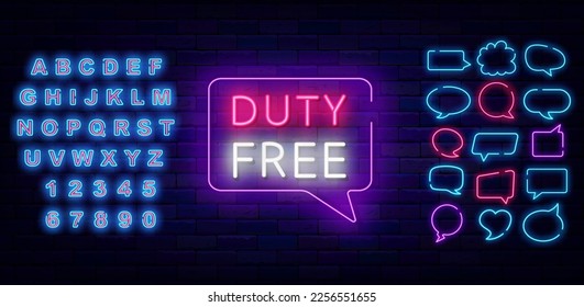 Duty free neon sign. Airport shopping. Special offer concept. Marketing promotion. Luminous blue alphabet. Glowing retail banner. Speech bubbles frames set. Vector stock illustration