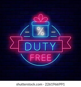 Duty free neon sign. Circle frame with ribbon and present. Special offer airport shopping concept on brick wall. Marketing promotion. Glowing retail banner. Vector stock illustration