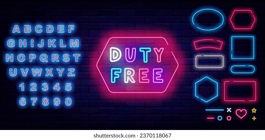 Duty free neon sign. Geometric frames set. Colorful handwritten text. Shiny turquoise alphabet. Special offer airport concept. Marketing promotion. Glowing poster. Editing text. Vector illustration