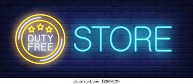 Duty free neon sign. Glowing inscription with yellow round sign with stars on brick wall background. Can be used for airport, duty free area, advertisement