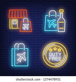 Duty free neon sign set. Store, shopping bag with plane image, bottle of alcoholic drink. Colorful billboard, bright banner. Vector illustration in neon style for topics like travel, air trip, airport