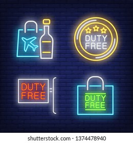 Duty free neon sign set. Bottle of alcohol, shopping bag, signboard. Colorful billboard, bright banner. Vector illustration in neon style for topics like travel, air trip, airport