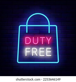 Duty free neon sign. Shopping bag frame. Special offer airport concept on brick wall. Marketing promotion. Glowing retail banner. Vector stock illustration