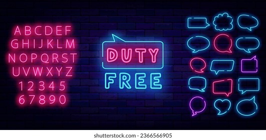 Duty free neon sign. Speech bubbles frames collection. Shiny pink alphabet. Special offer airport concept. Marketing promotion. Glowing poster. Editing text. Vector stock illustration