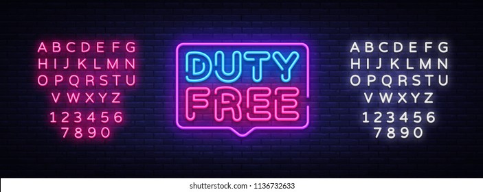 Duty Free neon sign vector. Duty Free design template neon sign, light banner, neon signboard, nightly bright advertising, light inscription. Vector illustration. Editing text neon sign