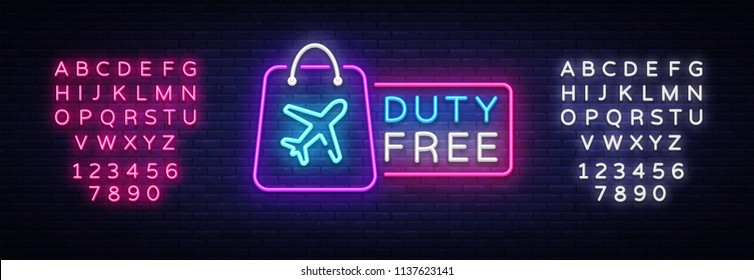 Duty Free neon sign vector. Duty Free design template neon sign, light banner, neon signboard, nightly bright advertising, light inscription. Vector illustration. Editing text neon sign