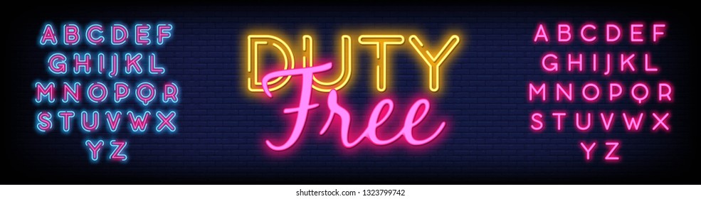 Duty Free neon sign vector with Brick Wall Background. light banner  neon signboard  nightly bright advertising  light inscription. Vector illustration. Editing text neon sign - Vector