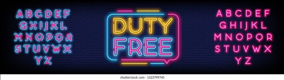 Duty Free neon sign vector with Brick Wall Background. light banner  neon signboard  nightly bright advertising  light inscription. Vector illustration. Editing text neon sign - Vector