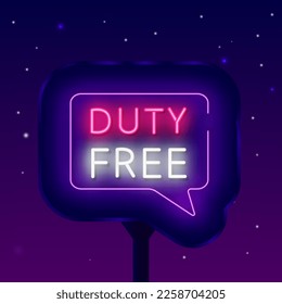 Duty free neon street billboard. Airport shopping. Special offer concept. Marketing promotion. Glowing retail banner. Outdoor announcement. Vector stock illustration