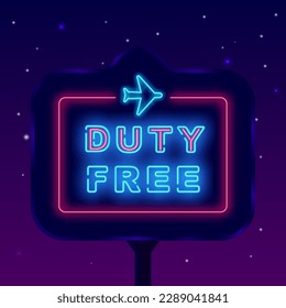 Duty free neon street billboard. Rectangular frame with plane. Light outdoor dvertising. Special offer airport concept. Marketing promotion. Glowing banner. Vector stock illustration