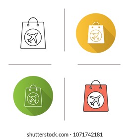 Duty free purchase icon. Shopping bag with airplane. Flat design, linear and color styles. Isolated vector illustrations
