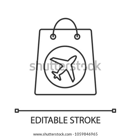 Duty free purchase linear icon. Thin line illustration. Shopping bag with airplane. Contour symbol. Vector isolated outline drawing. Editable stroke