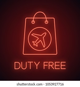 Duty free purchase neon light icon. Shopping bag with airplane. Glowing sign. Vector isolated illustration