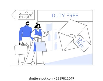 Duty free shop abstract concept vector illustration. Happy young couple shopping in airport duty free, tax free business, discount goods, money refund, make a purchase abstract metaphor.