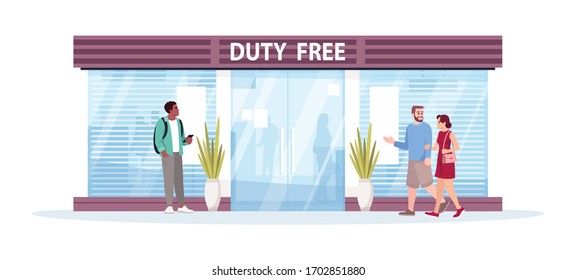 Duty free shop front semi flat vector illustration. People buy products before flight. International zone, tax free department store. Airplane passengers 2D cartoon characters for commercial use