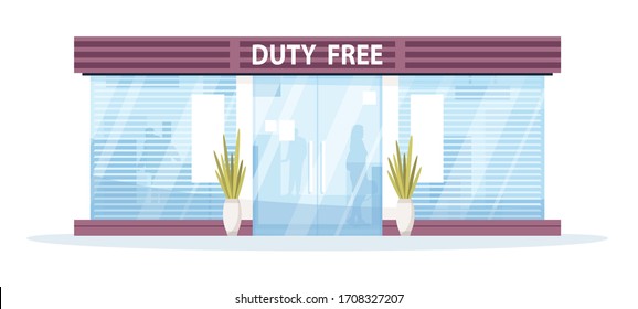 Duty Free Shop Front Semi Flat Vector Illustration. International Zone Retail And Commerce. Tax Free Department Store Exterior. Airplane Passengers 2D Cartoon Characters For Commercial Use