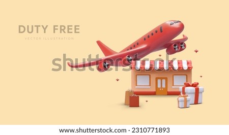 Duty free shop. Goods without customs markup. Buying goods at airport. Gifts and souvenirs from abroad. Bright color advertising banner with realistic airplane, shop building, paper bags, gift boxes