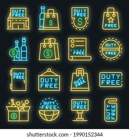 Duty free shop icons set. Outline set of duty free shop vector icons neon color on black