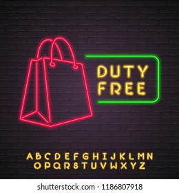 Duty Free Shop Neon Light Glowing Vector Illustration Alphabet Neon 