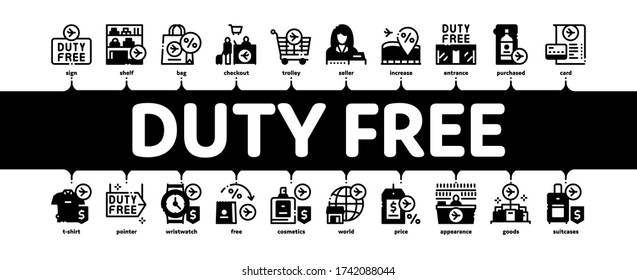 Duty Free Shop Store Minimal Infographic Web Banner Vector. Duty Free Nameplate And Product, Bag And Label, Perfume And T-shirt, Credit Card And Cart Illustration