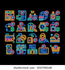 Duty Free Shop Store neon light sign vector. Glowing bright icon  Duty Free Nameplate And Product, Bag And Label, Perfume And T-shirt, Credit Card And Cart Illustrations