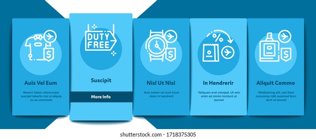 Duty Free Shop Store Onboarding Mobile App Page Screen Vector. Duty Free Nameplate And Product, Bag And Label, Perfume And T-shirt, Credit Card And Cart Color Illustrations