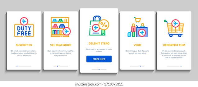 Duty Free Shop Store Onboarding Mobile App Page Screen Vector. Duty Free Nameplate And Product, Bag And Label, Perfume And T-shirt, Credit Card And Cart Color Illustrations