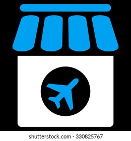 Duty Free Shop vector icon. Style is flat bicolor blue and white symbol, rounded angles, black background.
