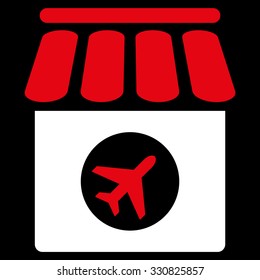 Duty Free Shop vector icon. Style is flat bicolor red and white symbol, rounded angles, black background.