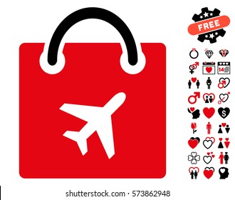 Duty Free Shopping icon with bonus valentine images. Vector illustration style is flat iconic intensive red and black symbols on white background.