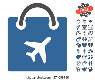 Duty Free Shopping icon with bonus lovely pictograph collection. Vector illustration style is flat iconic cobalt and gray symbols on white background.