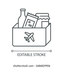 Duty free shopping pixel perfect linear icon. Products in bag from airport store. Thin line customizable illustration. Contour symbol. Vector isolated outline drawing. Editable stroke