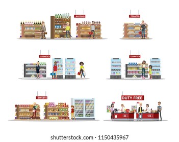 Duty Free Shopping Set. People Buying Cheap Products: Alcohol, Perfume And Chocolate. Tax Free. Vector Flat Illustration