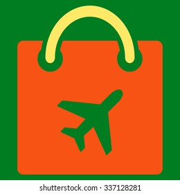 Duty Free Shopping vector icon. Style is flat bicolor orange and yellow symbol, rounded angles, green background.