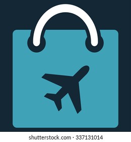 Duty Free Shopping vector icon. Style is flat bicolor blue and white symbol, rounded angles, dark blue background.