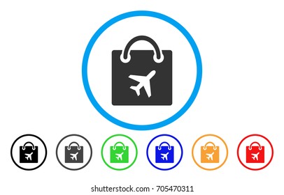 Duty Free Shopping vector rounded icon. Image style is a flat gray icon symbol inside a blue circle. Bonus color variants are gray, black, blue, green, red, orange.