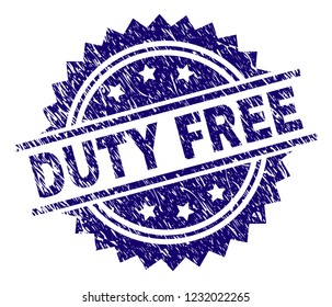 DUTY FREE stamp seal watermark with distress style. Blue vector rubber print of DUTY FREE title with dust texture.